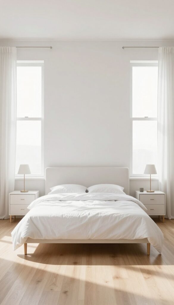Bedroom with bed centered between two windows, symmetrical layout, bright natural light.