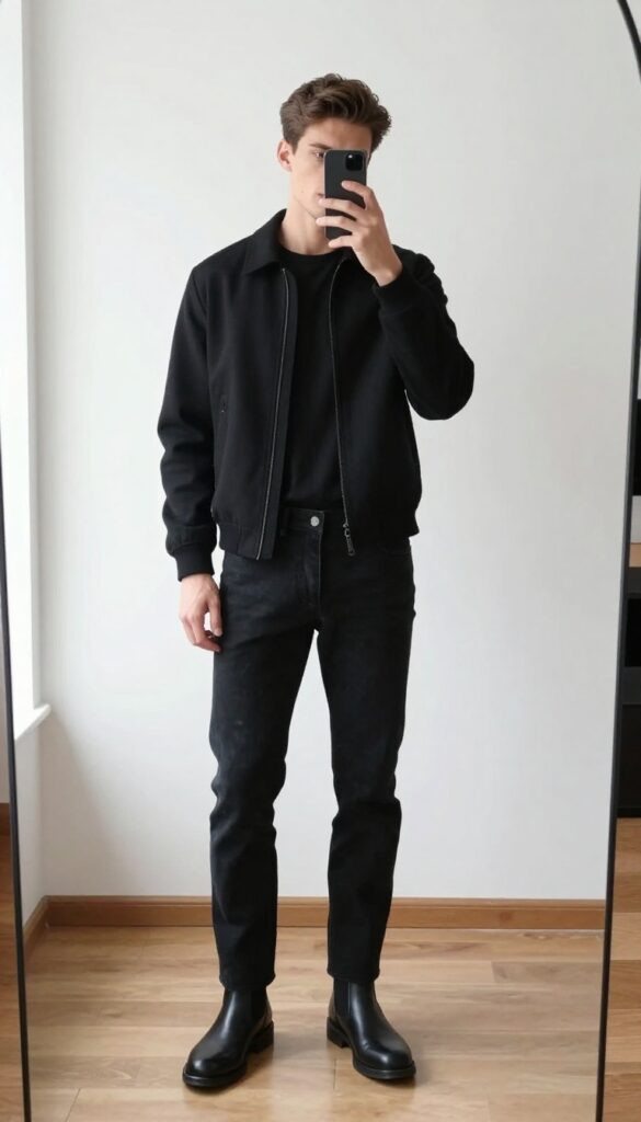 Tall man in all-black monochrome outfit: black T-shirt, black bomber jacket, black jeans, black Chelsea boots. He takes a mirror selfie, phone partially covering his face. Bright daylight, clean interior.