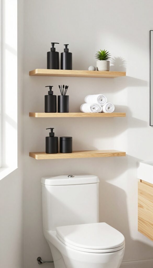 Minimalist open shelving in a modern men's bathroom with floating wooden shelves holding rolled towels and matching containers.