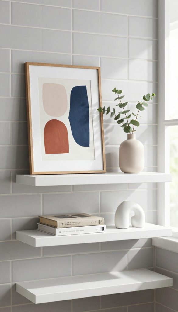 Modern kitchen with floating shelves displaying art, books, and ceramic vase.
