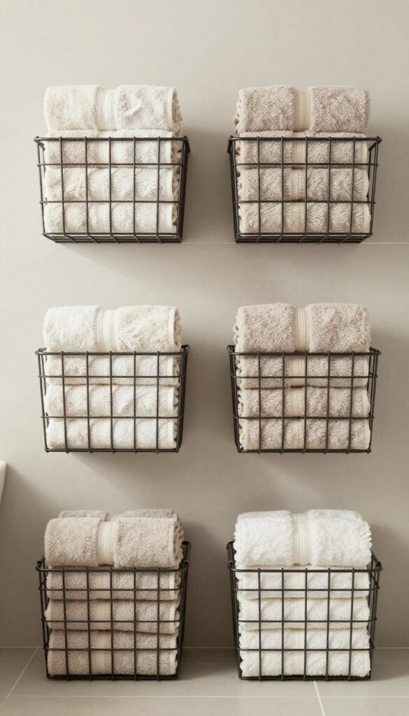 Rolled towels in wall baskets for a neat bathroom look