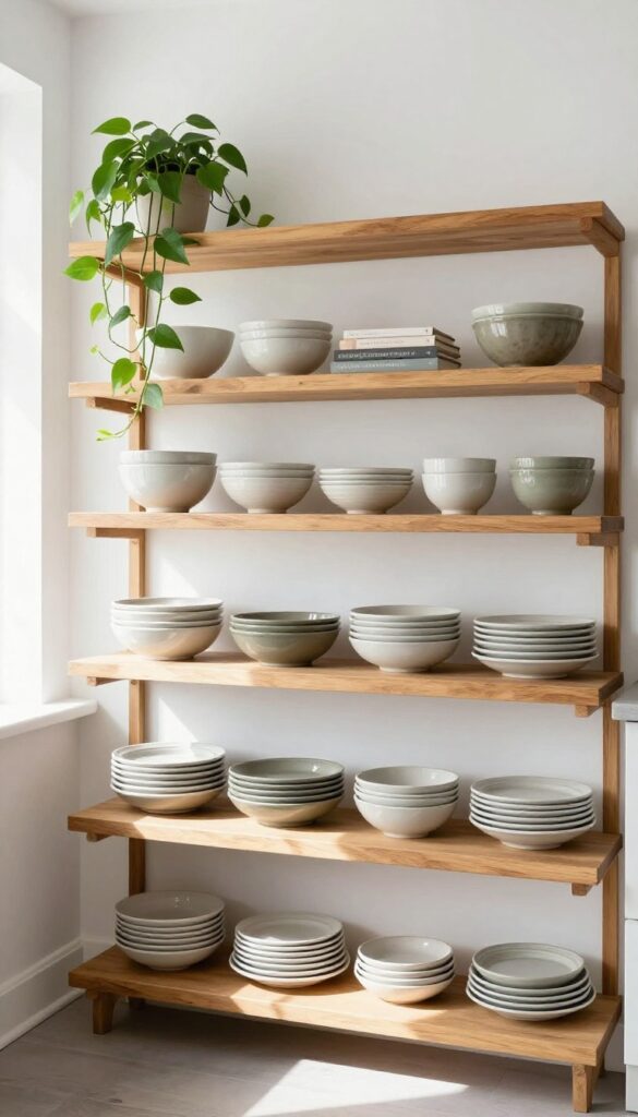 Warm wood open shelving in a kitchen extension with curated ceramic dishes and a trailing plant.