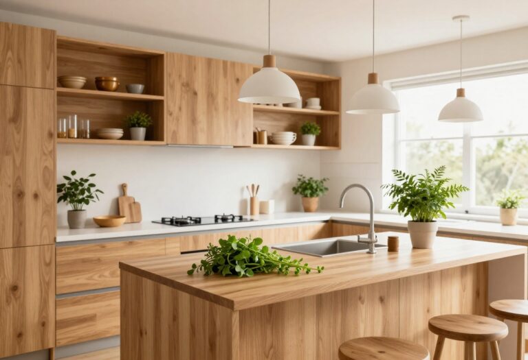Bright Bloxburg kitchen with open shelving, island, pendant lights, and potted herbs