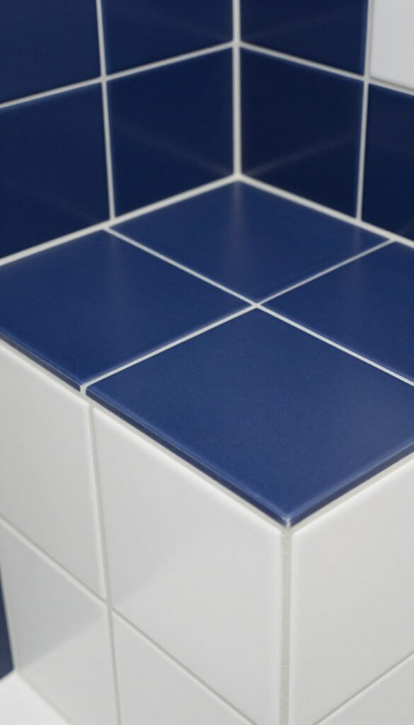 Close-up of color-blocked tiles on a shower threshold with navy and white contrast for a clean, defined look in a modern bathroom.