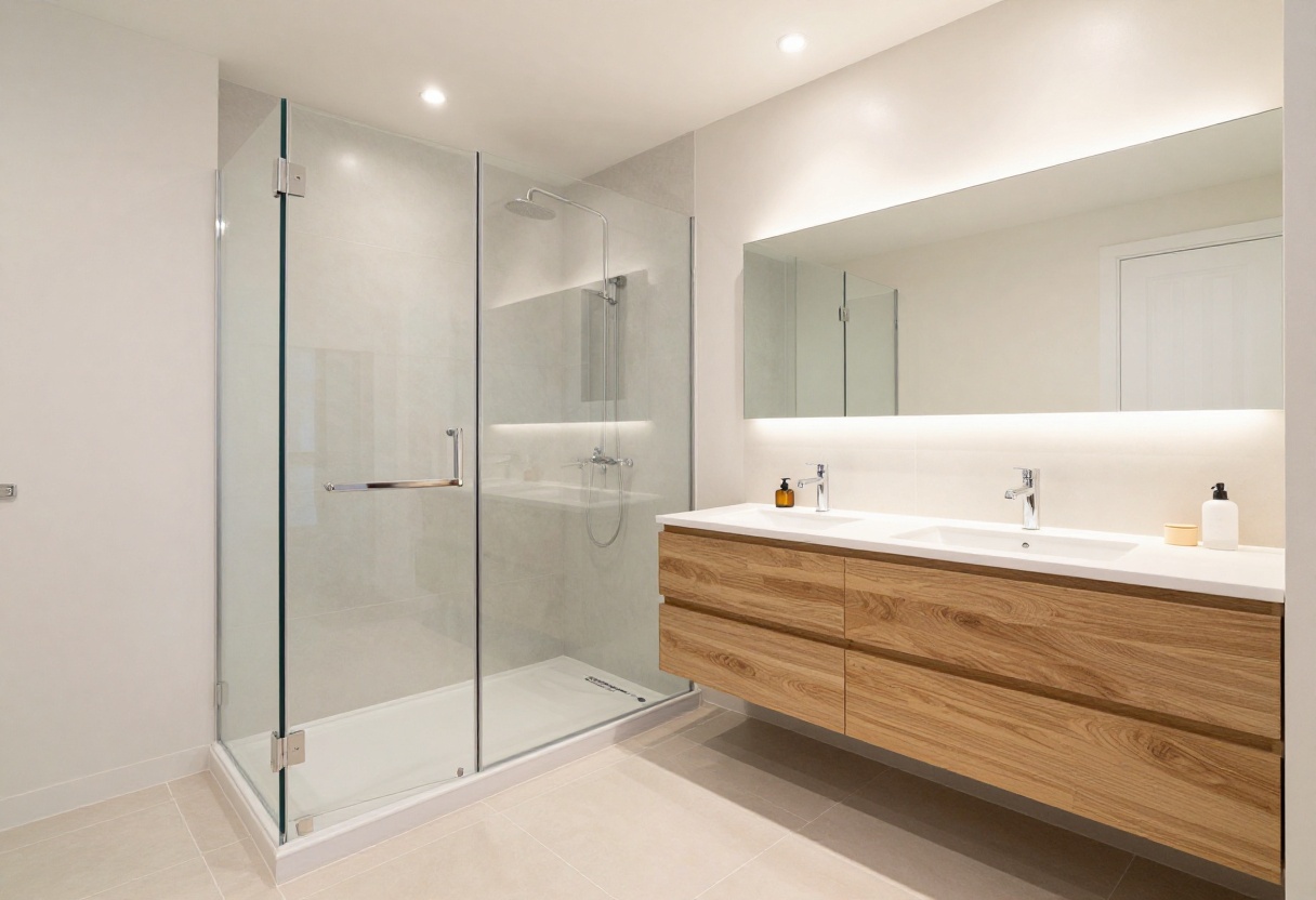 Modern bathroom with a frameless glass shower, large tiles, wood accents, and soft lighting, creating an open and stylish tub-to-shower conversion.