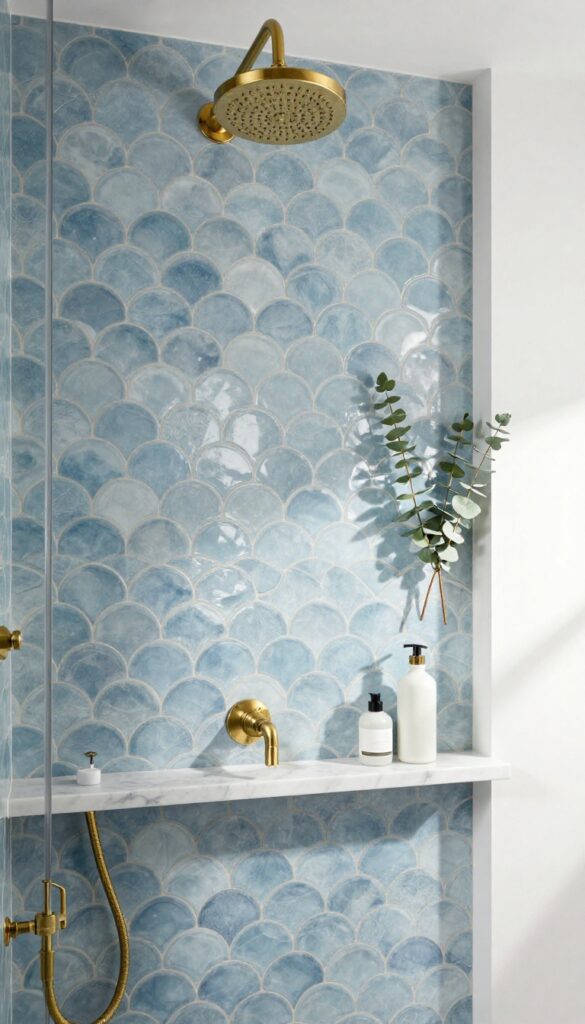 Blue fish scale tile shower wall with brass fixtures and marble shelf