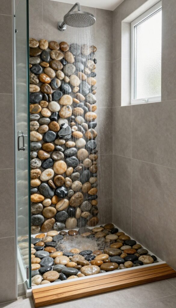 Modern shower with pebble floor insert in earthy tones, rainfall showerhead, and natural light.