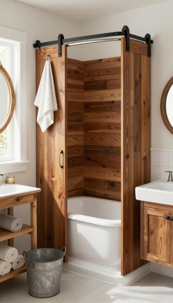 Farmhouse bathroom with reversible barn door style shower curtain and rustic decor