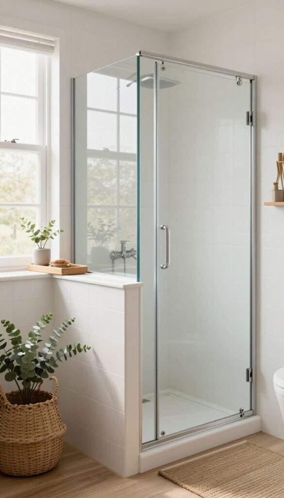 A guest bathroom with natural decor elements including a plant in a woven basket and wood accents to soften hard surfaces.