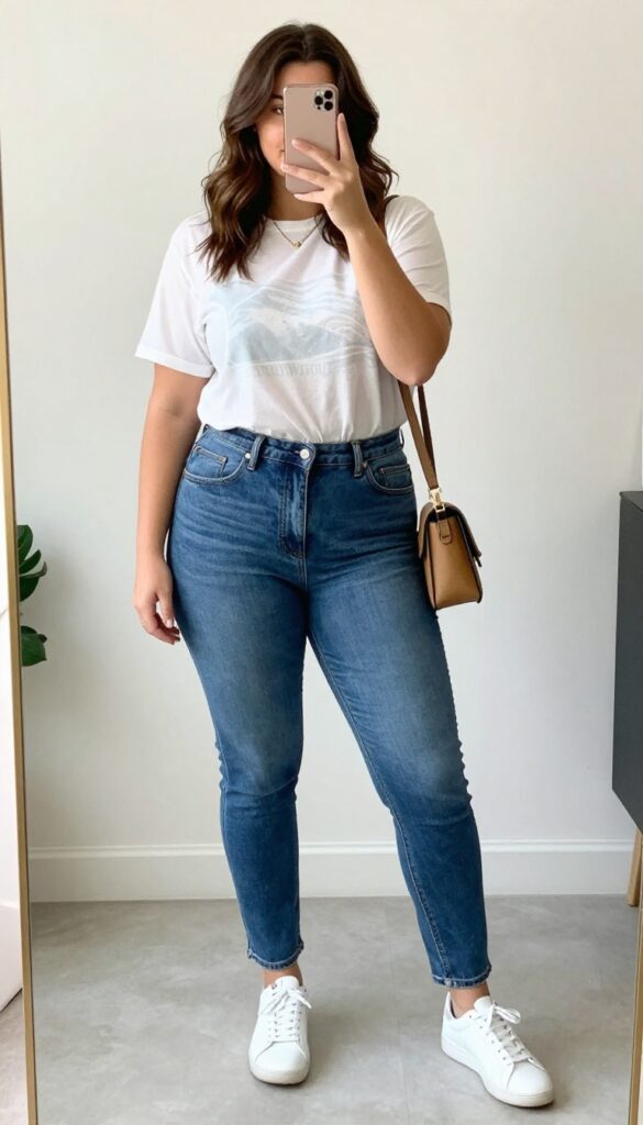 Plus-size woman in high-waisted mid-wash jeans and relaxed graphic tee, front tucked, white sneakers, taking mirror selfie in bright room