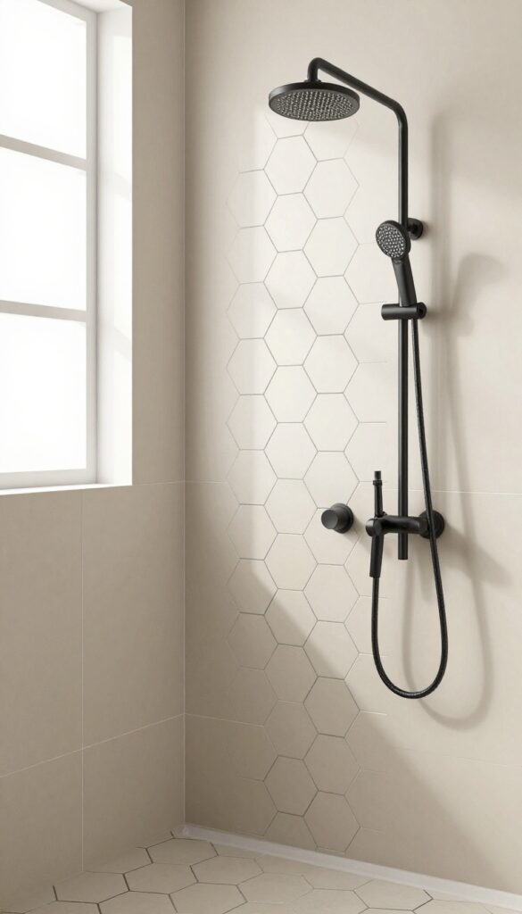 Vertical hexagon tile accent strip in a shower