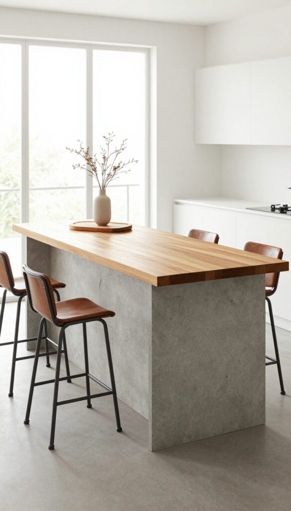 Kitchen island with concrete base and wood top, leather stools, natural light