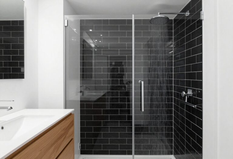 Modern bathroom with black subway tile shower, rainfall showerhead, and natural wood accents in a bright, minimalist setting.