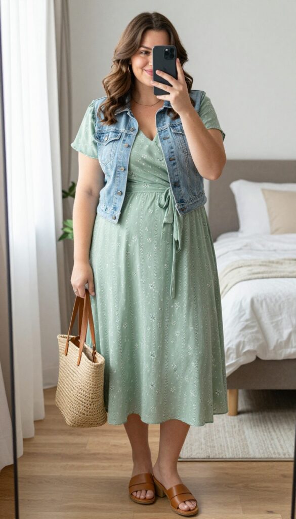 Plus-size woman in a flowy sage green midi dress with a cropped denim jacket, tan sandals, and a woven tote, taking a mirror selfie in a bright bedroom.