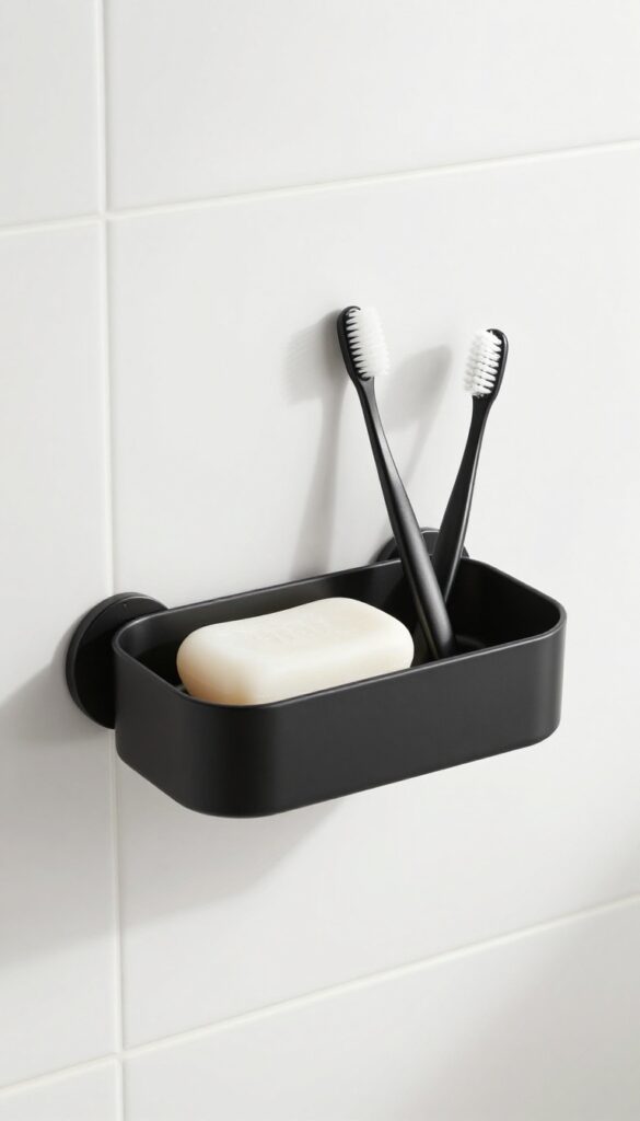 A sleek matte black shower caddy with a soap dish and toothbrush holder mounted on white tiles, holding soap and toothbrushes in bright natural light.