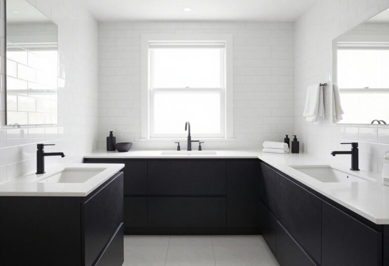 Modern black and white bathroom with black vanity and white countertop in bright natural light