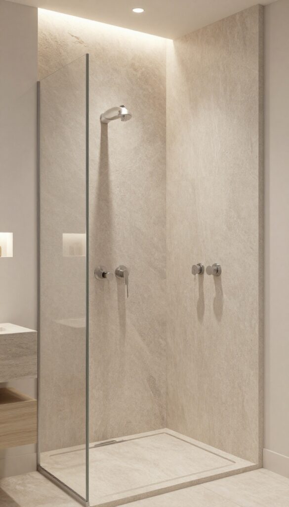 Photorealistic bathroom shower with natural stone tiles and pebble mat floor in neutral tones, showcasing timeless elegance and spa-like ambiance under bright natural light.