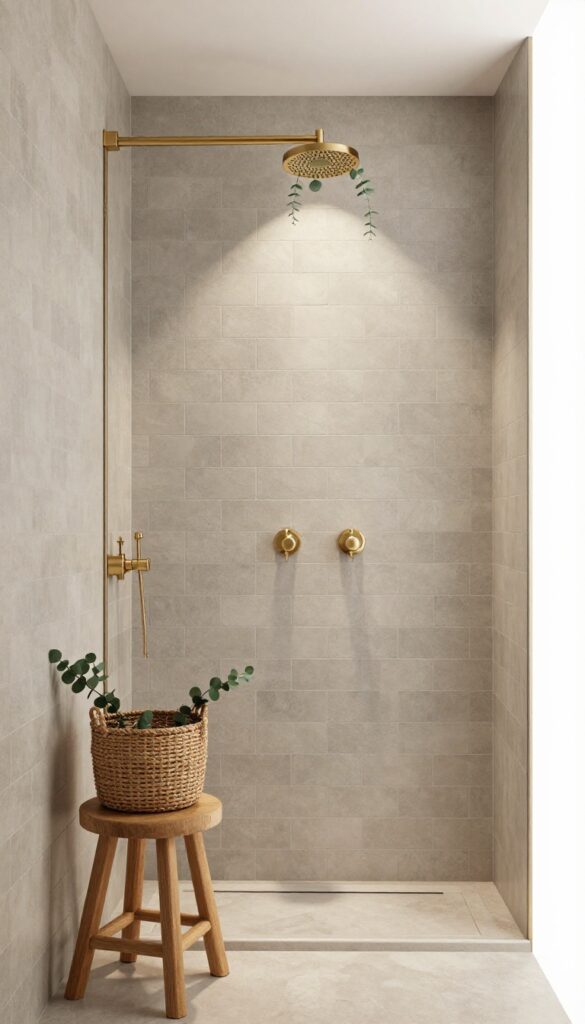 Warm greige subway tile shower with brass fixtures and teak stool