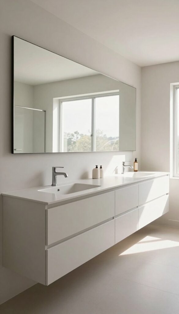 A modern rectangular bathroom with a long floating vanity and large mirror, showcasing continuous lines and clean design in bright natural light.