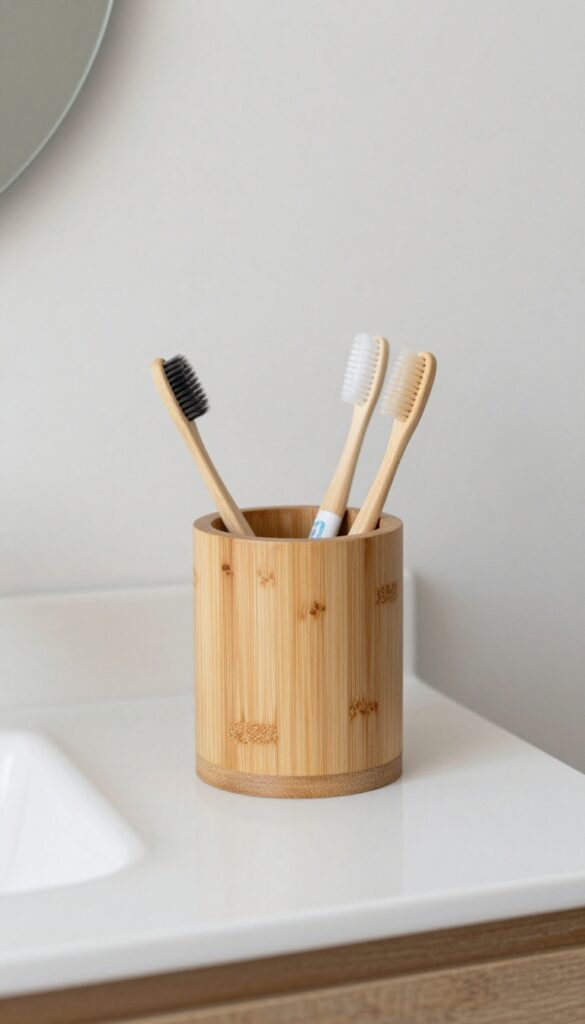 A simple night routine station with a small caddy organizing toothbrushes and essentials on a clean bathroom counter.