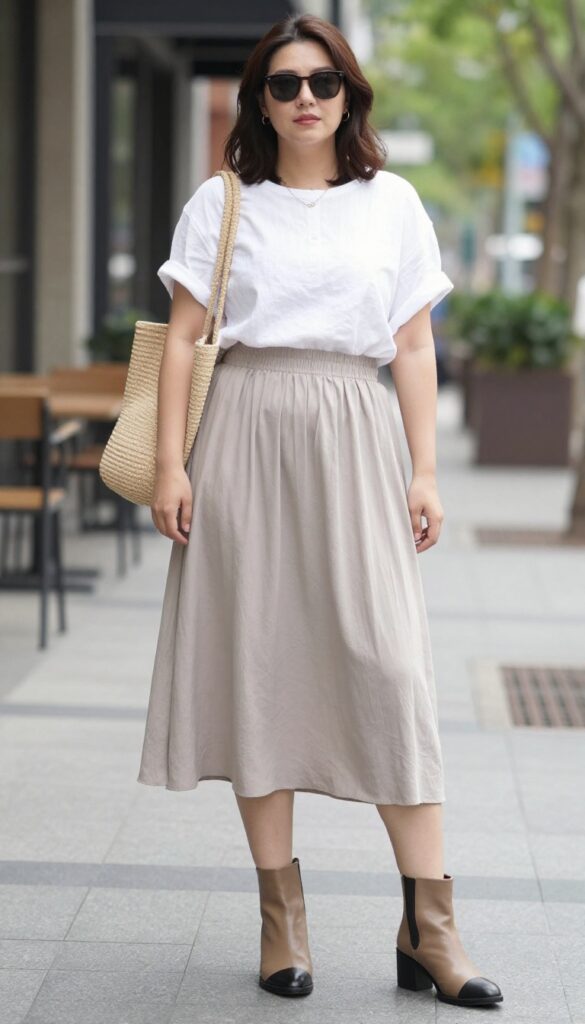 A woman wearing a flowy midi skirt with heeled ankle boots for a summer outfit, styled in a polished yet relaxed look suitable for fashion blogs and Pinterest.