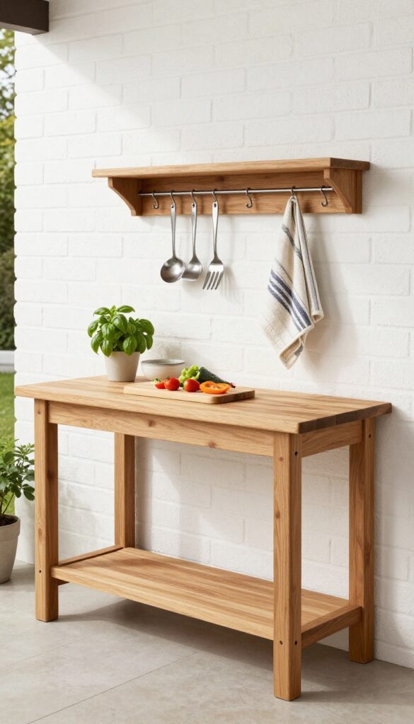 Outdoor prep station using a repurposed console table with butcher block top and hanging utensils