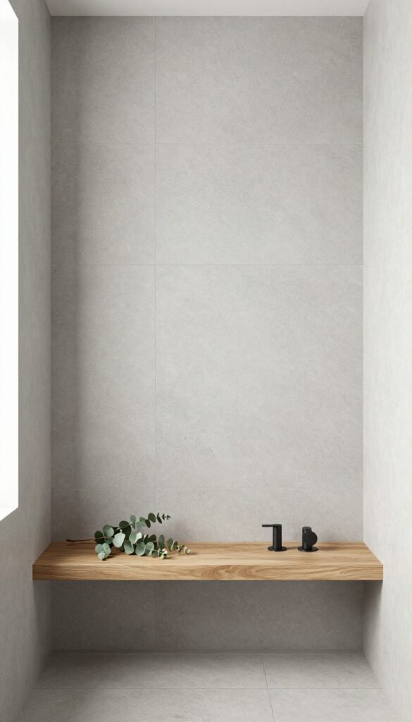 Modern walk-in shower with concrete-look porcelain tiles, teak bench, and black fixtures