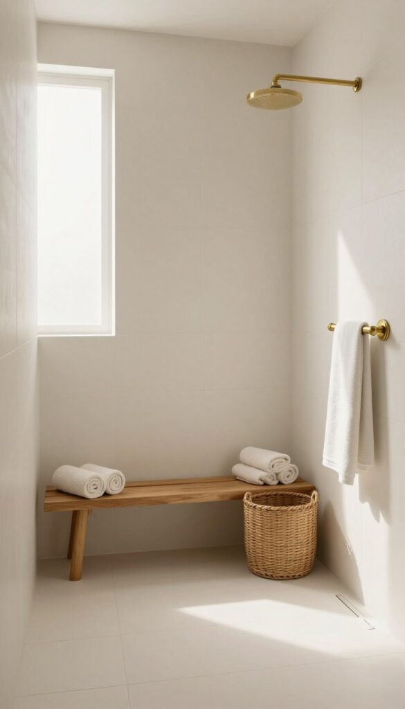 Coastal shower with matte white tiles, teak bench, woven basket, and brass fixtures