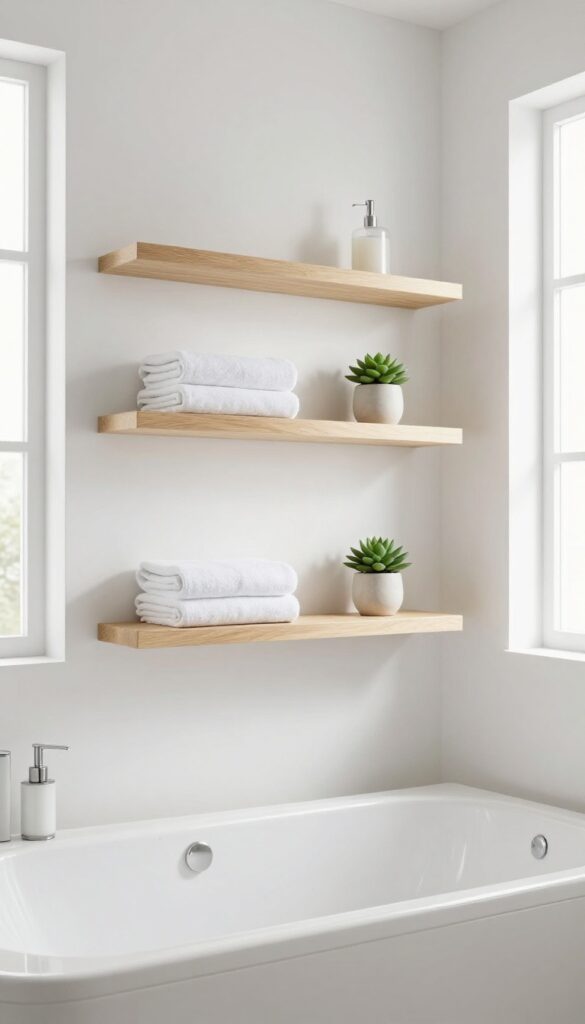 Floating shelves in a bright bathroom providing clutter-free storage above a bathtub, featuring towels, a plant, and soap dispenser for an organized look.