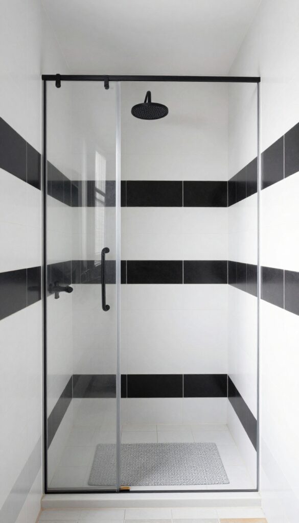 A walk-in shower with black and white geometric tiles in a bright, minimalist bathroom, showcasing bold patterns for a calm custom look.