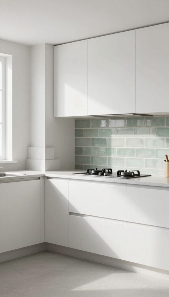 Kitchen backsplash with patterned blocks of quartz pillars, brick stairs, and glazed terracotta in neutral tones