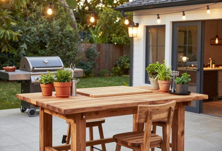 Elegant outdoor kitchen with wooden prep station, string lights, and herbs on a patio