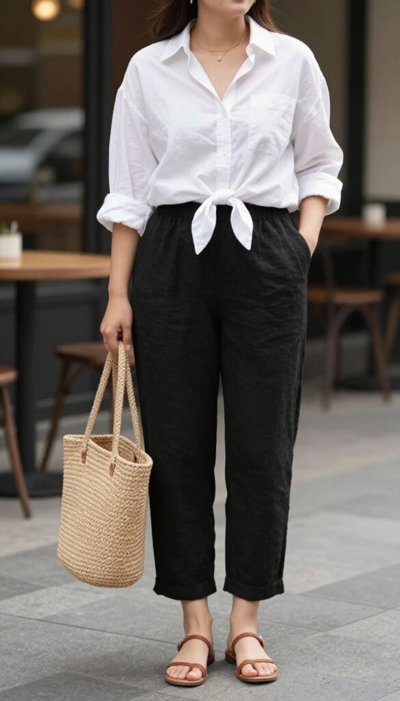 A woman wearing black linen pants and a white button-down shirt in a summer outfit, styled with sandals and a tote bag, standing in a sunny urban setting.