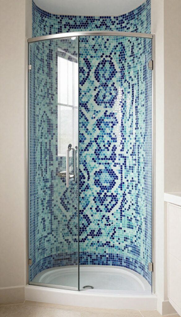 A close-up view of a knee wall shower showcasing detailed mosaic tile patterns in blue and green hues with light reflections, designed as home decor inspiration for bathroom renovations.