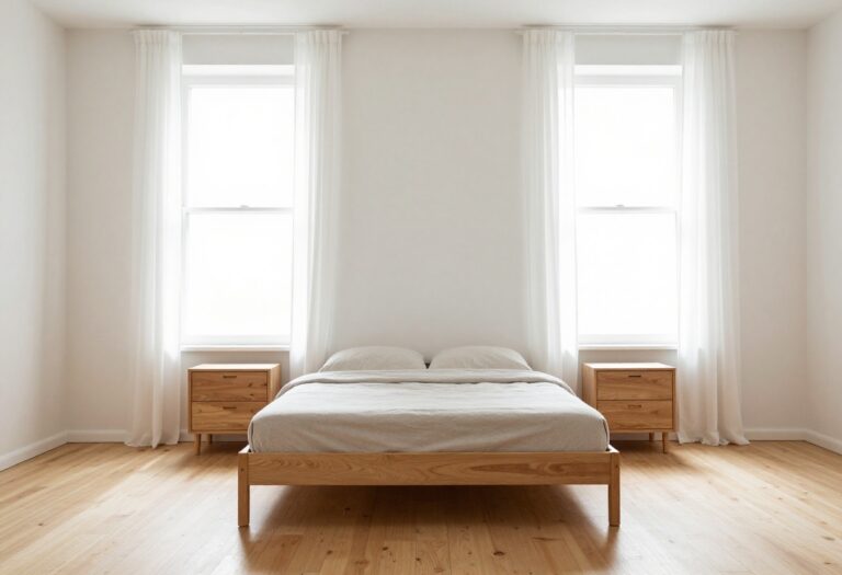 Bright bedroom with bed centered between two windows, creating symmetry and balance.