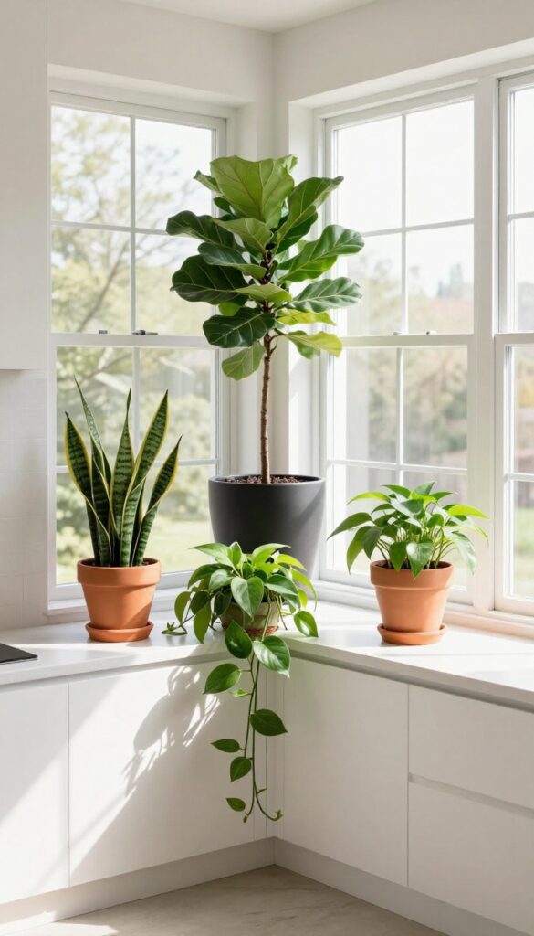 Potted plants at varying heights arranged on a kitchen bay window sill and floor, creating a layered garden-like vignette.