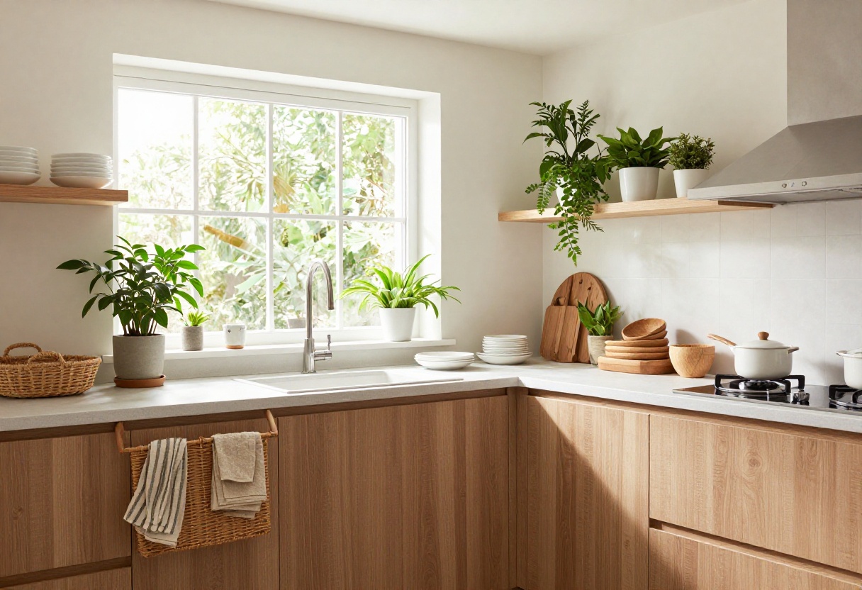 Modern kitchen corner cabinet with open shelving, white dishes, and plants in warm natural light