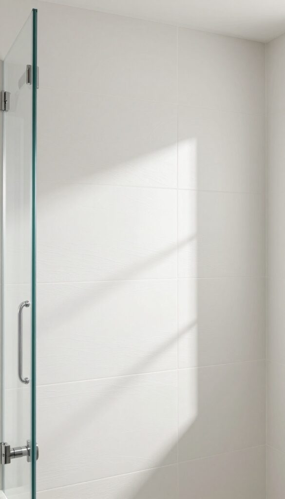 Modern shower with white 3D textured tile backsplash creating shadows and highlights