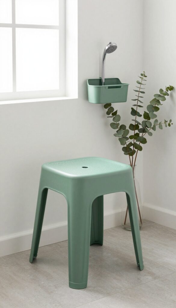Slimline plastic shower stool in sage green with drainage holes, paired with matching caddy and eucalyptus bundle in a bright tiled shower.