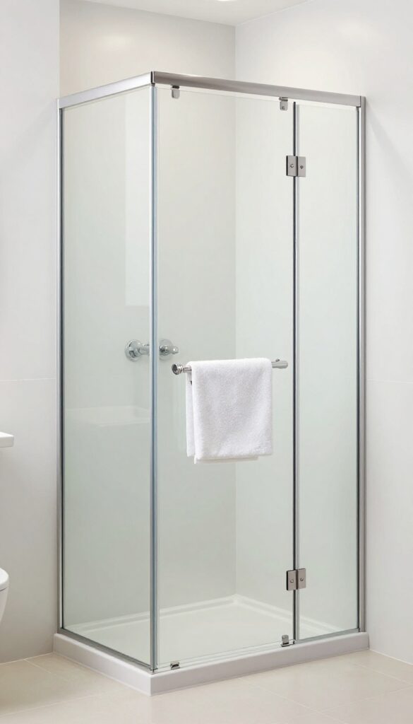 Semi-frameless glass shower door in a bright, transitional-style bathroom with minimal framing and clear glass.