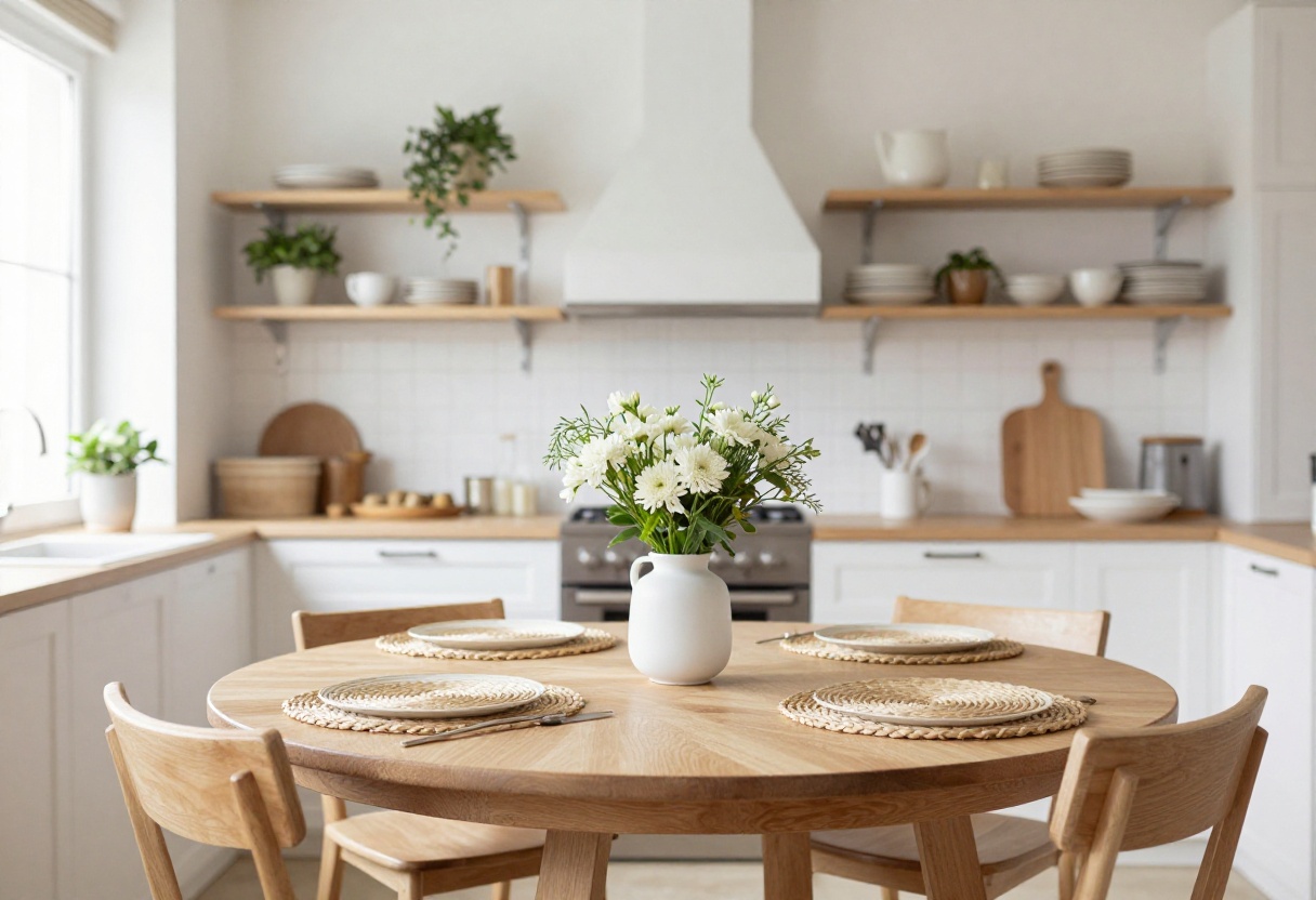 Cozy small kitchen with round wooden table set for two by a window, natural light, neutral decor