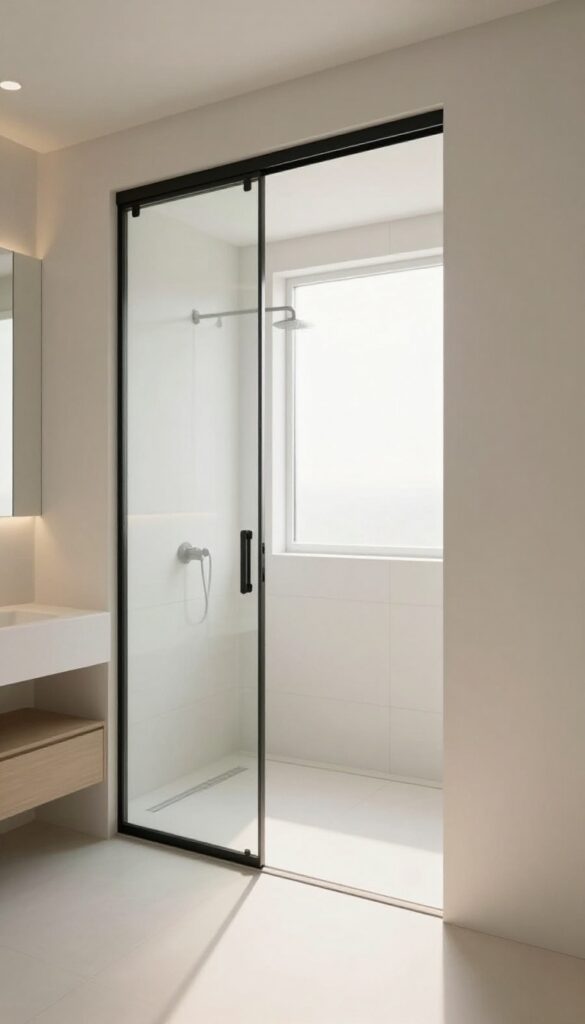 Modern bathroom with a pocket door opening to a spacious walk-in shower