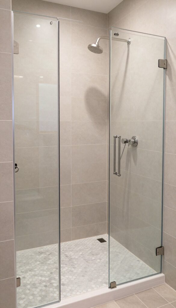 Small shower with hexagon mosaic floor and coordinating wall tiles in soft gray-beige, featuring a clear glass door and brushed nickel showerhead.
