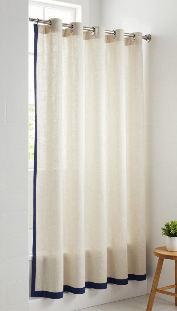Neutral beige outer shower curtain with bold navy geometric patterned inner liner, creating depth and contrast in a bright bathroom.