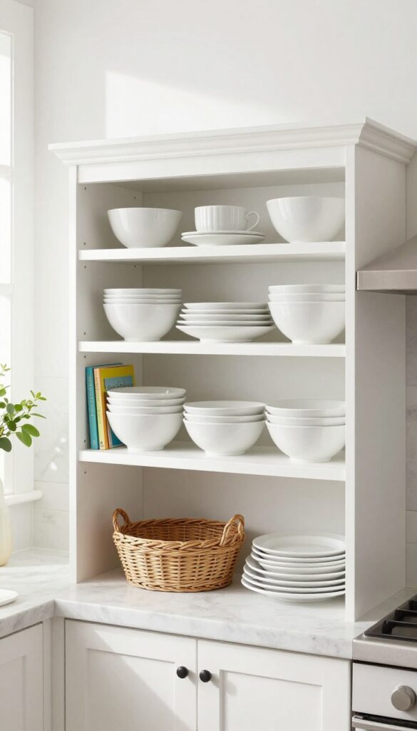 Kitchen peninsula with open shelving displaying dishes and cookbooks