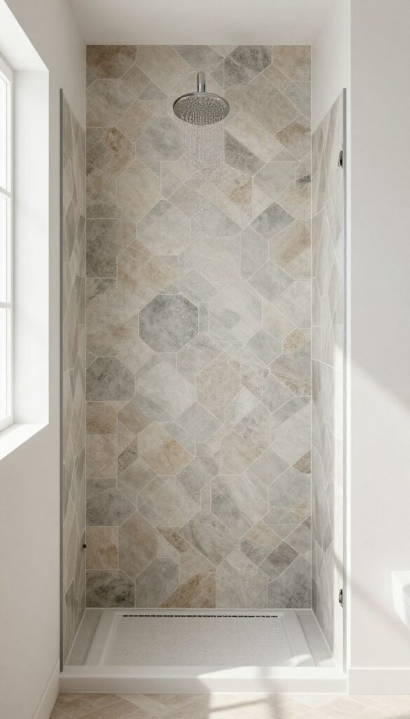 A walk-in shower with patterned hexagonal or herringbone tiles in soft grays or earthy tones as an accent wall or floor, featuring simple fixtures and bright natural light to create a custom and spacious feel.