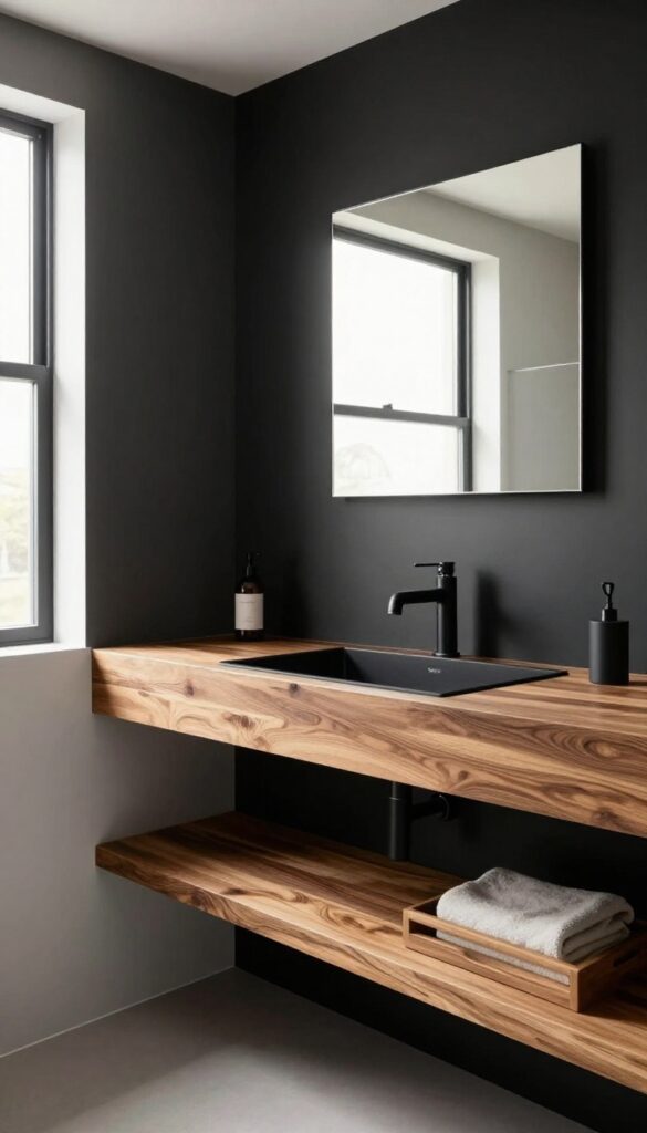 A bright, inviting black bathroom with warm wood accents like floating shelves and a vanity, showcasing a balance of modern and natural elements in home decor