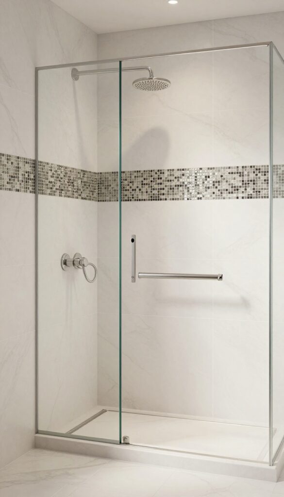 A modern walk-in shower with a mixed material feature strip of metallic mosaic tiles at eye level, combining marble, glass, and metal for a custom look in bright natural light.