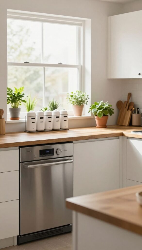 Magnetic spice rack on the side of a refrigerator in a bright, modern kitchen