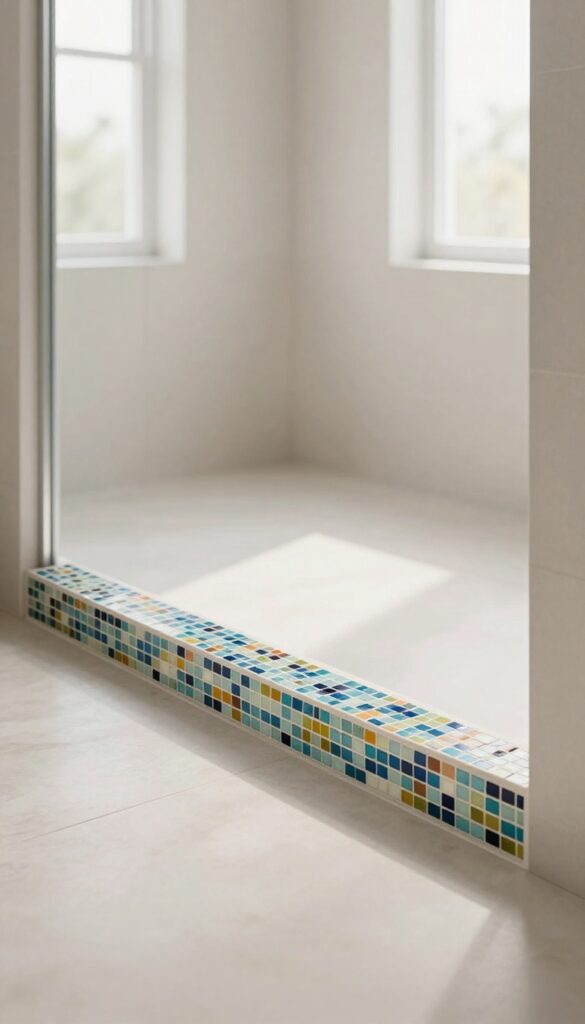 Close-up of a mosaic tile inlay on a shower threshold, showcasing artistic flair with colorful patterns in a well-defined, clean bathroom setting.